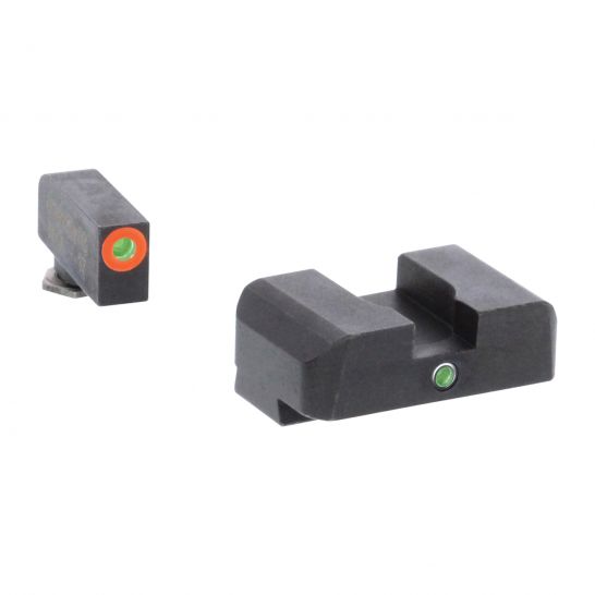 AMERIGLO I-DOT FRONT/SINGLE DOT REAR NIGHT SIGHT SET FOR GLOCK GEN5 17, 19, 19X PISTOLS, GREEN WITH ORANGE OUTLINE FRONT, GREEN REAR - GL5201