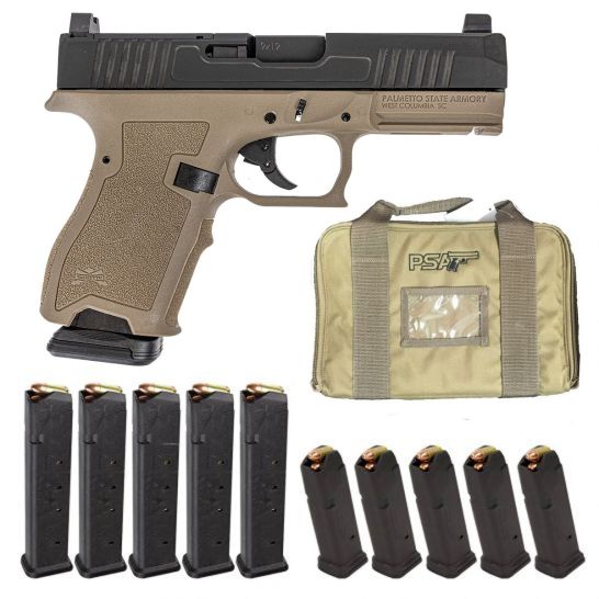PSA DAGGER COMPACT 9MM PISTOL WITH EXTREME CARRY CUT DOCTOR SLIDE & NON-THREADED BARREL, BLACK WITH 5-27RD AND 5-15 RD MAGS, FDE FRAME
